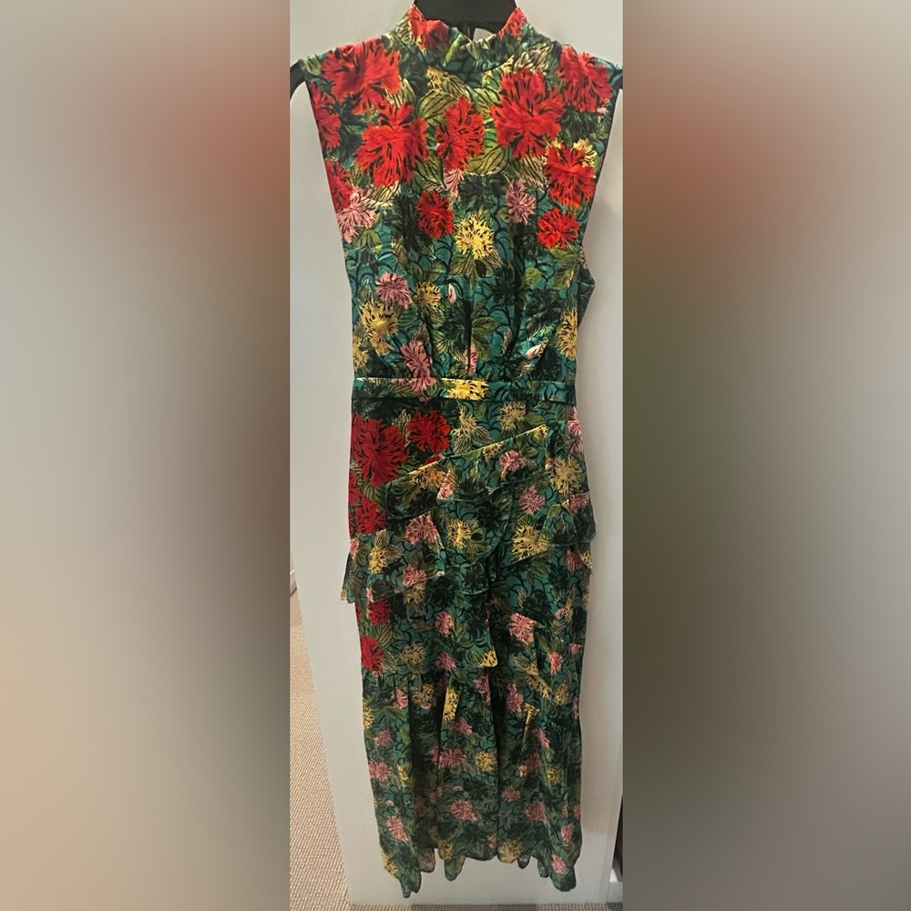 Saloni Fleur Ruffle Floral Silk Midi Dress Size 6 - Picture 5 of 7